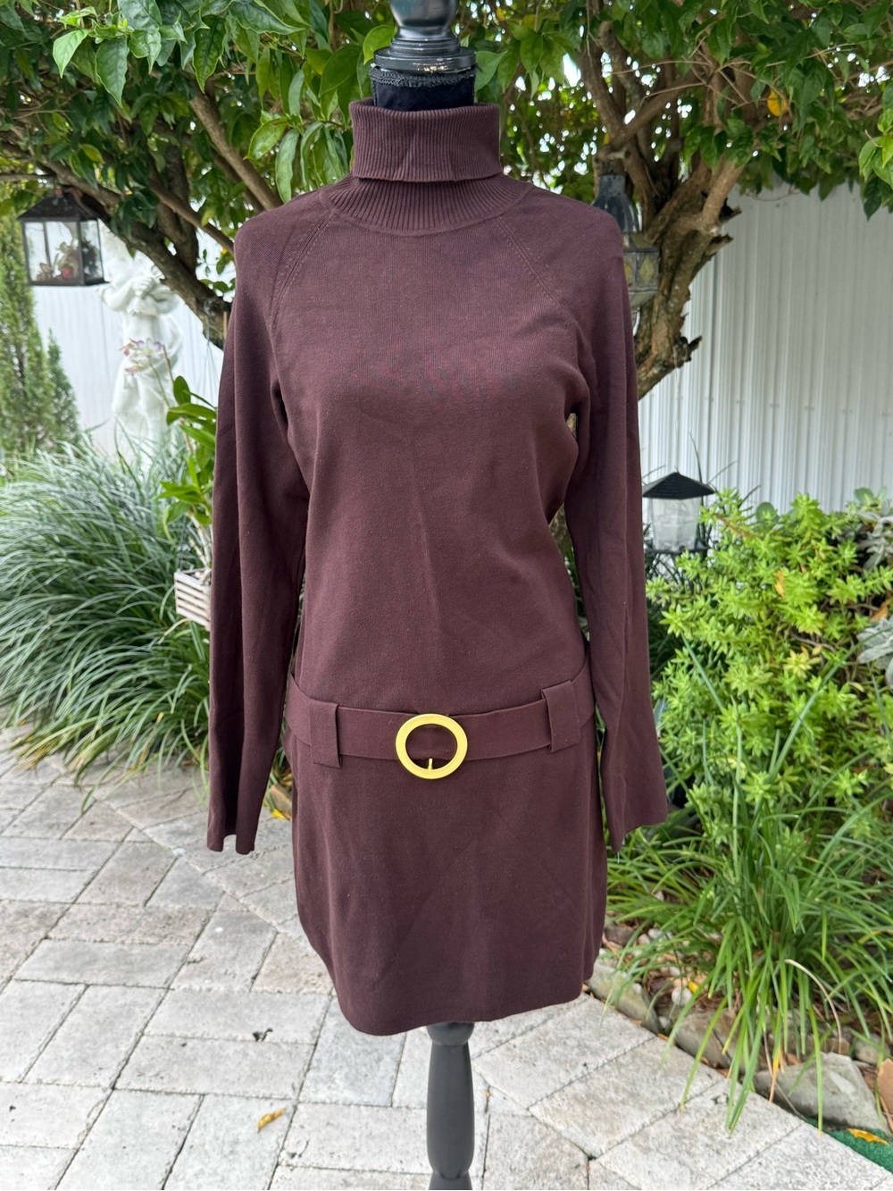 Turtleneck Long Sleeve Belted Sweater Dress - Brown